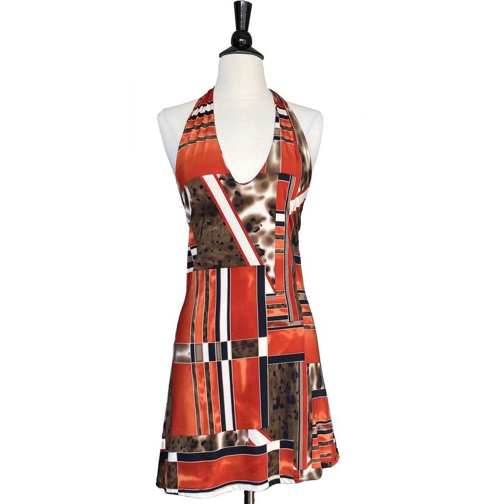 From Italy, Blood Orange Halter w/ Multicolor & Leopard Print Geo Block Design.